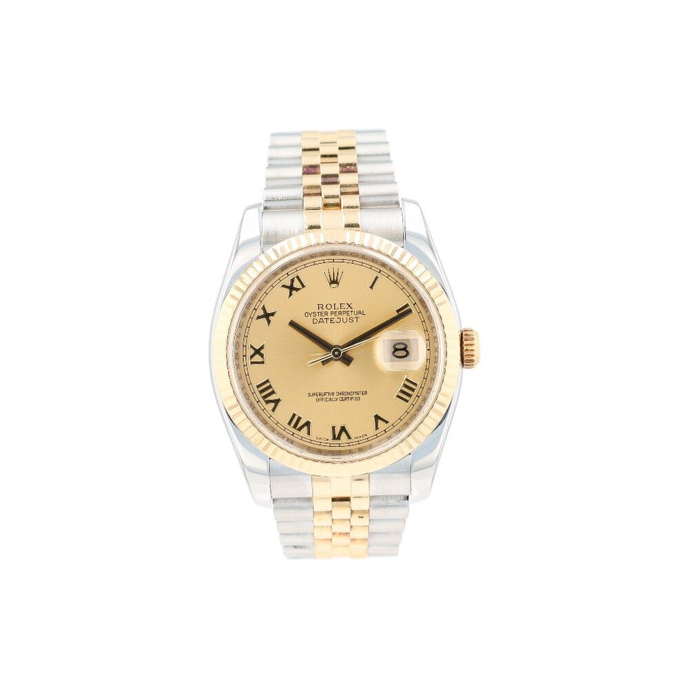 Rolex Datejust 116233 36mm Champagne Roman Numeral Dial Fluted Bezel Jubilee